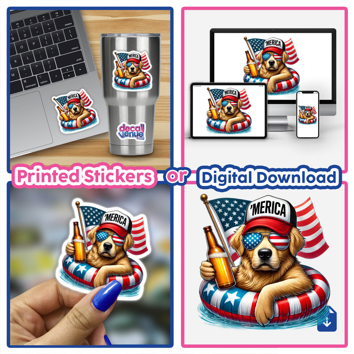 Colorful digital artwork featuring a golden retriever dog in an American flag-themed float, surrounded by patriotic symbols like the flag and fireworks. The image is available as both printed stickers and a digital download from the Decal Venue store, which specializes in unique stickers and digital art.