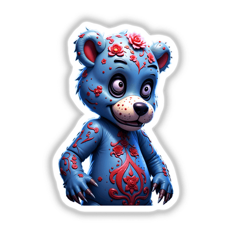 A Macabre Scary Bear cartoon featuring a blue bear adorned with flowers, available as stickers or digital artwork from Decal Venue, specializing in unique stickers and digital art.