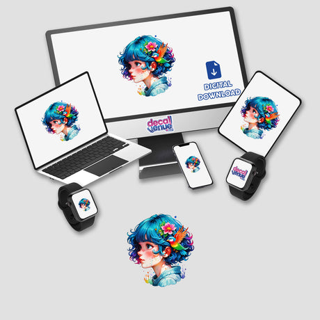 Vibrant Blue-Haired Anime Girl Sticker - Kawaii Portrait Illustration featuring a cartoon girl with flowers and birds, displayed on various devices. Available as stickers or digital artwork.