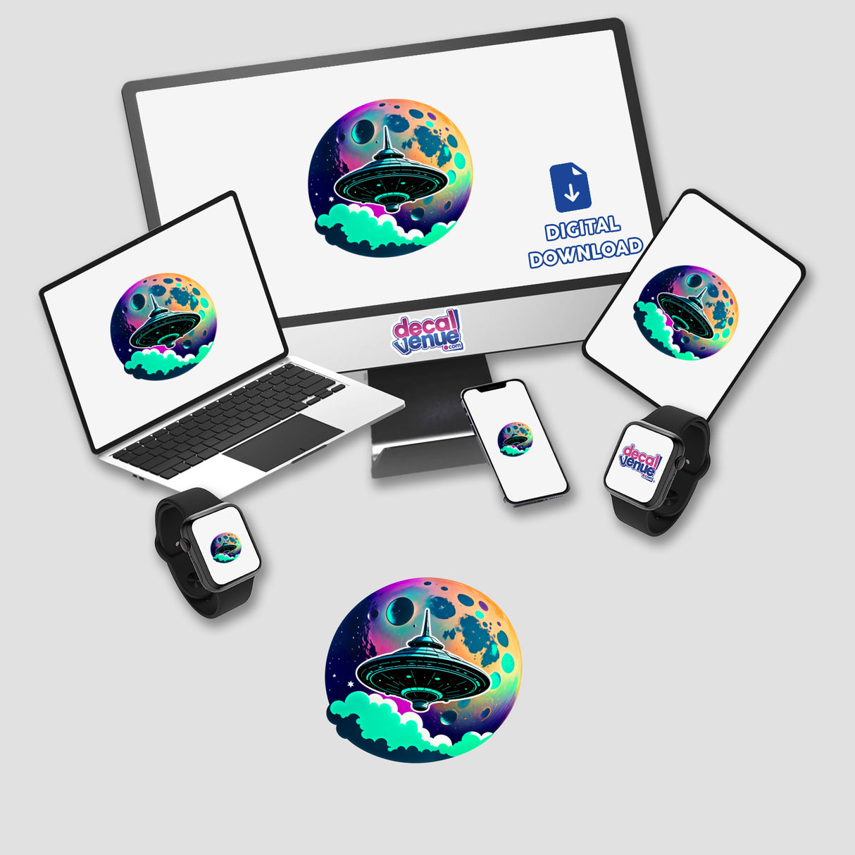 A UFO in Front of a Moon depicted on a digital screen, alongside a laptop and smartwatch, available as stickers or digital artwork from Decal Venue.