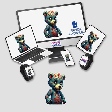 A Macabre Scary Bear displayed on a computer monitor and laptop screen, available as stickers or digital artwork, featuring a cartoon bear with floral decorations.