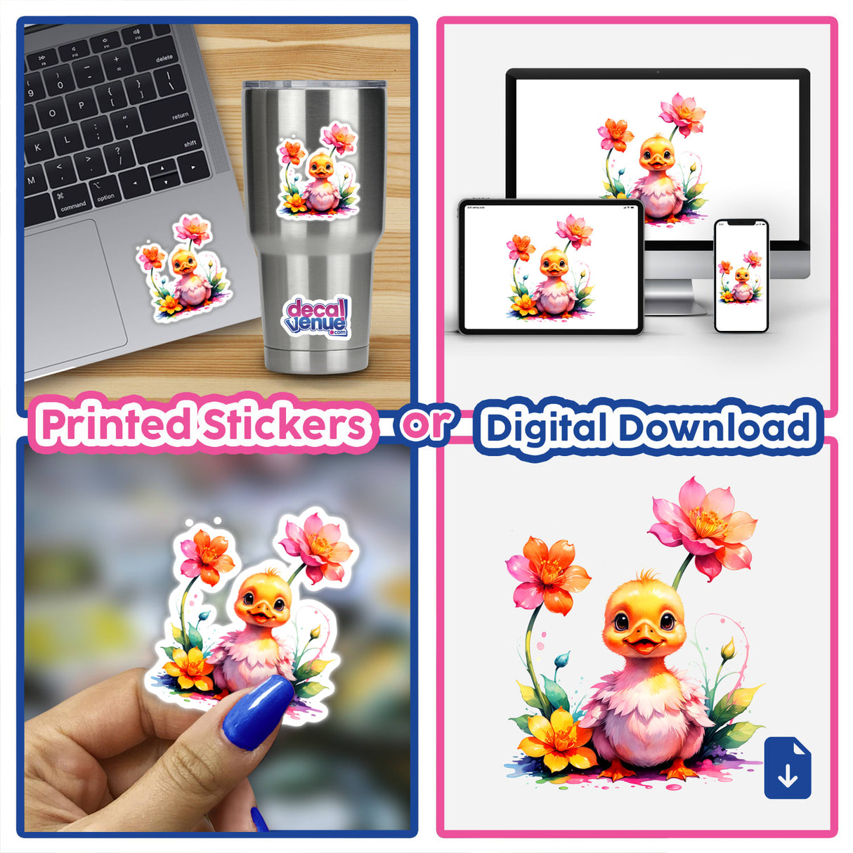 A Cute Baby Duck With Blooming Flowers depicted as a vibrant cartoon illustration, available as vinyl stickers or digital artwork, showcasing a charming duck surrounded by colorful, blooming flowers.