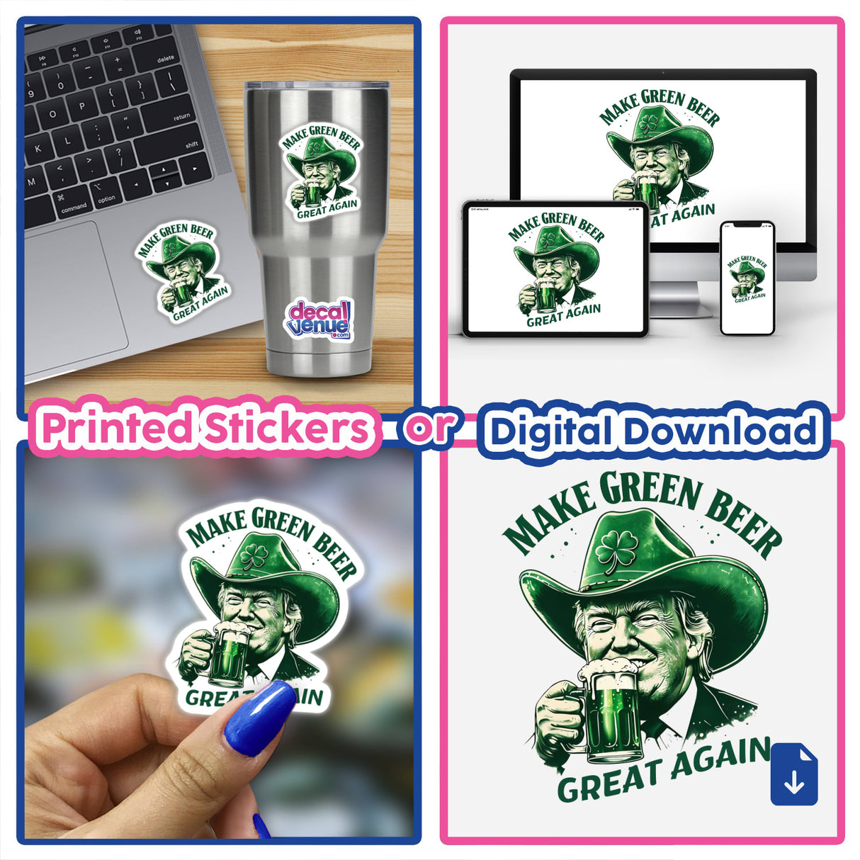 Collage featuring Make Green Beer Great Again Trump Cowboy I sticker with a cowboy hat motif, a mug of beer, and a green hat, available as a sticker or digital artwork.