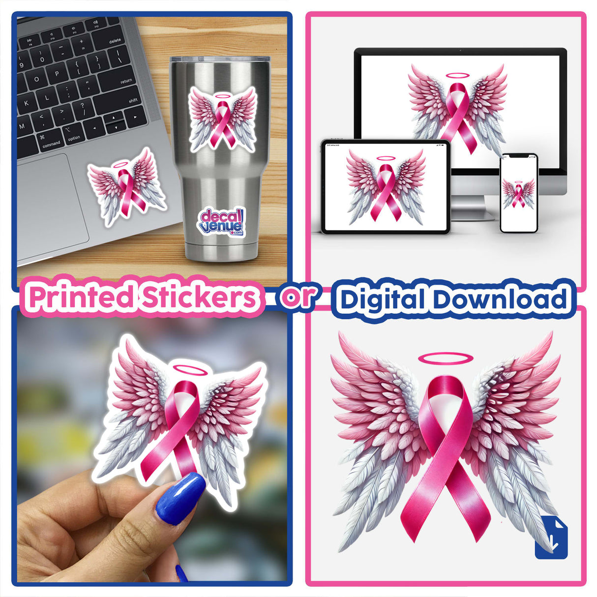 Pink Ribbon and Wings Breast Cancer Awareness: Collage featuring stickers and digital art showcasing pink ribbons with wings and halos, emphasizing support and awareness. Available at Decal Venue.