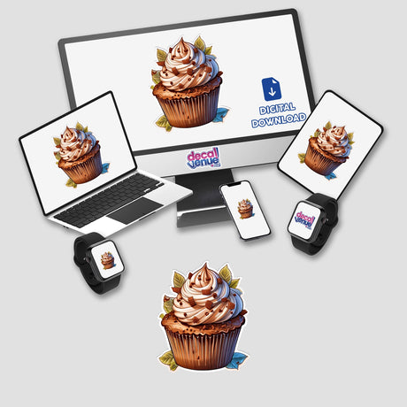 Detailed digital artwork of a delectable chocolate cupcake with swirls of creamy frosting, adorned with fall-inspired leaves and berries, showcased on various digital devices from the Decal Venue store.