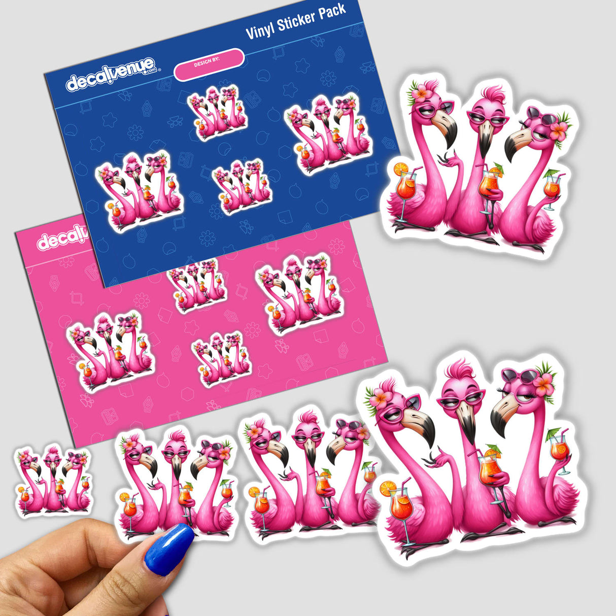 The Pinkie Flamingo Ladies sticker features cartoon flamingos holding drinks, embodying playful charm. Available as stickers or digital artwork, perfect for adding a whimsical touch to any surface.