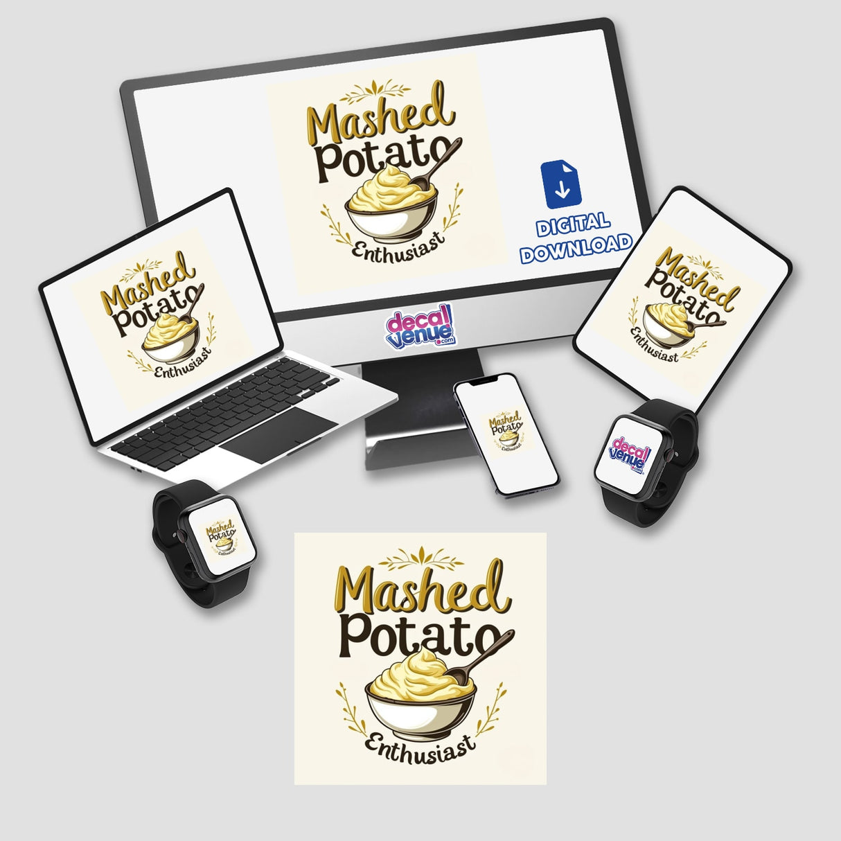 Mashed Potato Enthusiast Funny Thanksgiving | Sticker or Downloadable Clipart featuring a humorous design of mashed potatoes with a spoon, available for purchase at Decal Venue.