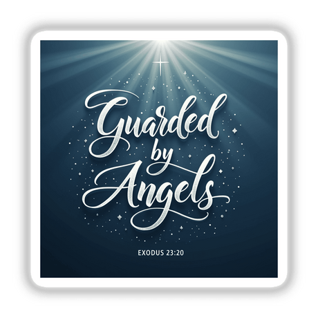 Guarded by Angels – Exodus 23:20 Christian Sticker or Clipart featuring a white cross with stars and light effects, available as unique stickers or digital artwork with commercial rights.