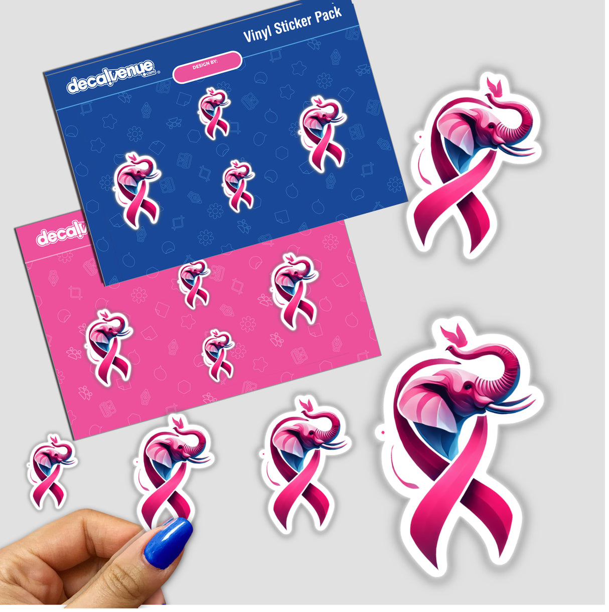 Elephant Pink Ribbon Breast Cancer sticker pack featuring pink ribbons and elephants, available as stickers or digital artwork. Close-up of hand showcasing the intricate design.