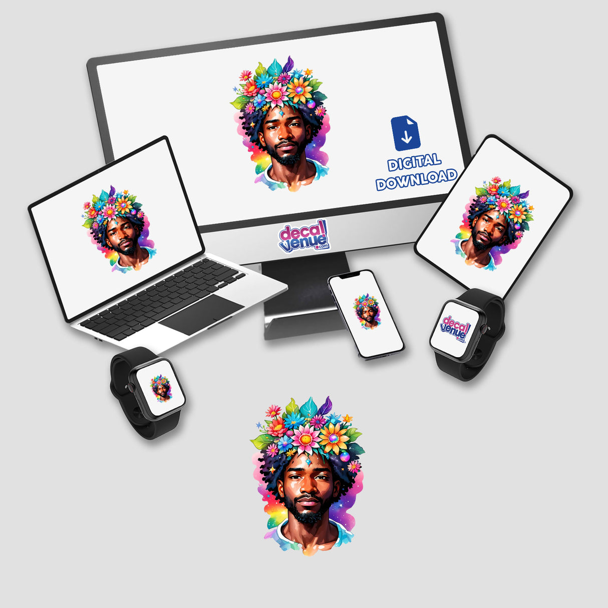 Cosmic Chakra Hippie Sticker - Abstract Spiritual Metaphysical Kawaii Design featuring a man with flowers on his head displayed on a computer monitor, laptop, tablet, and smartphone screen. Available as stickers or digital artwork.