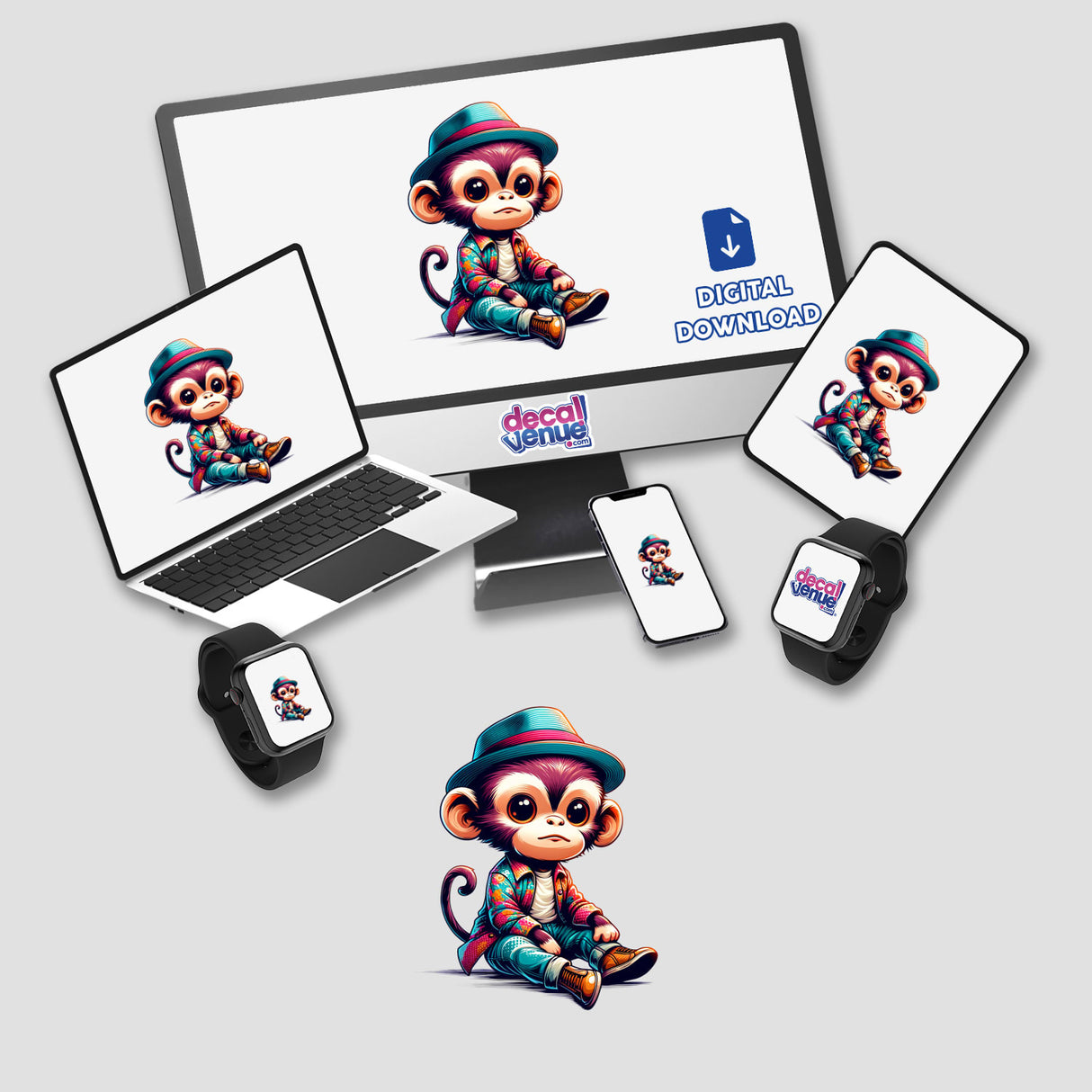 Fashionable Monkey digital artwork displayed on various devices, including a monitor, laptop, tablet, smartphone, and smartwatch, available as stickers or digital downloads from Decal Venue.