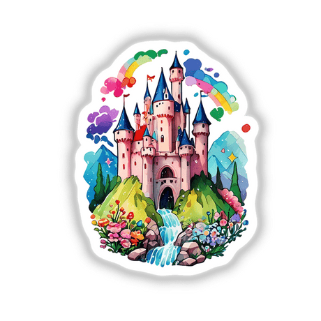 French Castle Sticker - Floral Rainbow Kawaii Design featuring a cartoon castle with flowers, waterfall, and rainbow. Available as stickers or digital artwork.