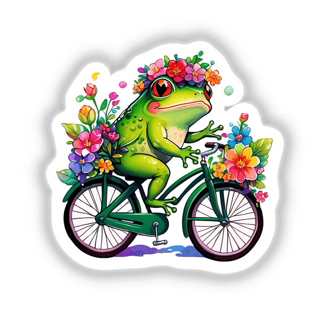 Cartoon frog riding a bicycle adorned with flowers, featured in Froggy Adventures: Rainbow Floral Bicycle Sticker.