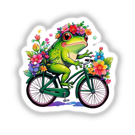 Cartoon frog riding a bicycle adorned with flowers, featured in Froggy Adventures: Rainbow Floral Bicycle Sticker.