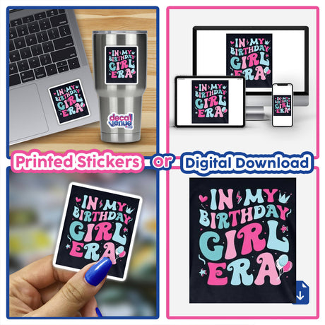 Sarcastic Quotes Series 13: A collage of stickers and digital downloads featuring witty quotes, shown on a laptop, mug, and shirt, with a hand holding a sticker.