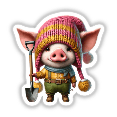 Adorable pig gnome with shovel in hand, dressed in colorful knitted cap and overalls, against a white background