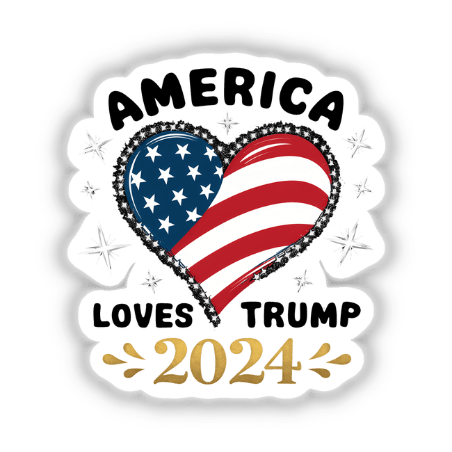 Patriotic heart-shaped flag of the United States with "America Loves Trump 2024" text and decorative stars.