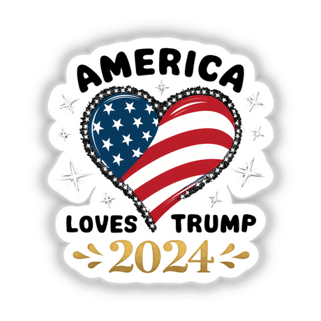 Patriotic heart-shaped flag of the United States with "America Loves Trump 2024" text and decorative stars.