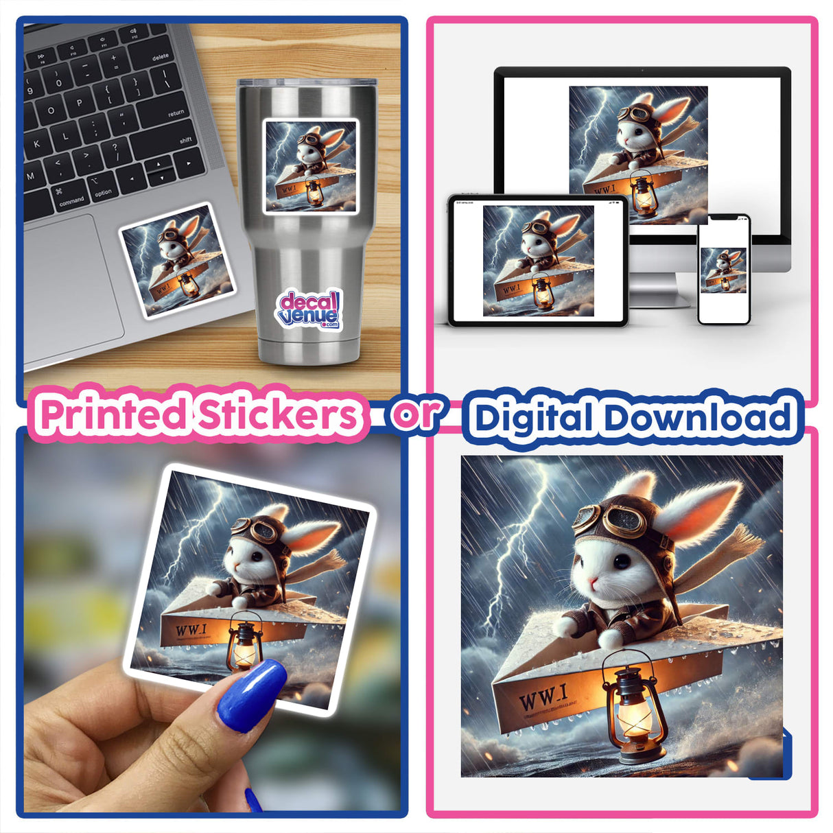 Snowflake, The Paper Aviator, depicted as a cartoon rabbit wearing a pilot hat and goggles, flying on a paper plane. Available as unique stickers or digital artwork from Decal Venue.