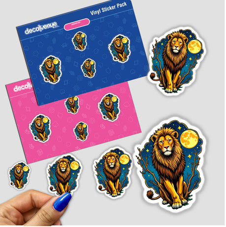 Cool Lion With A Starry Night sticker pack featuring illustrated lions with celestial themes, such as moons and stars, ideal for adding a unique touch to surfaces or digital collections.