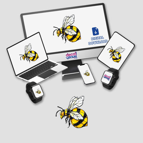 Bee Stained Glass Style artwork displayed on a computer and laptop screen, featuring a detailed bee design. Available as stickers or digital artwork from Decal Venue, emphasizing unique and artistic creations.