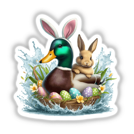 Mallard Duck and Easter Bunny Pals in a basket with dotted eggs, available as stickers or digital artwork from Decal Venue.