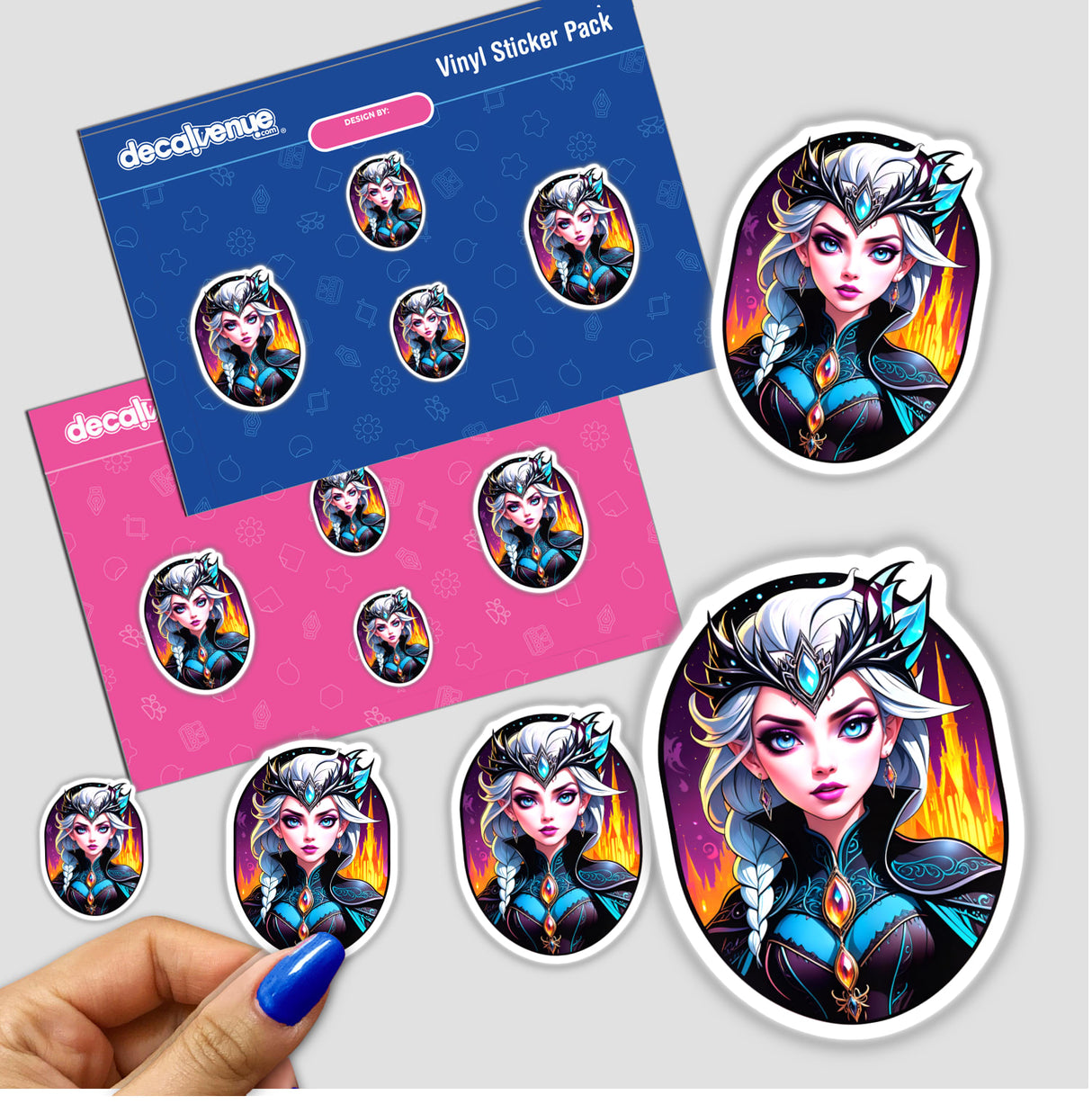 Hand holding an Evil Queen Anime Girl sticker pack, featuring cartoon illustrations of women, available as vinyl stickers or digital artwork from Decal Venue.