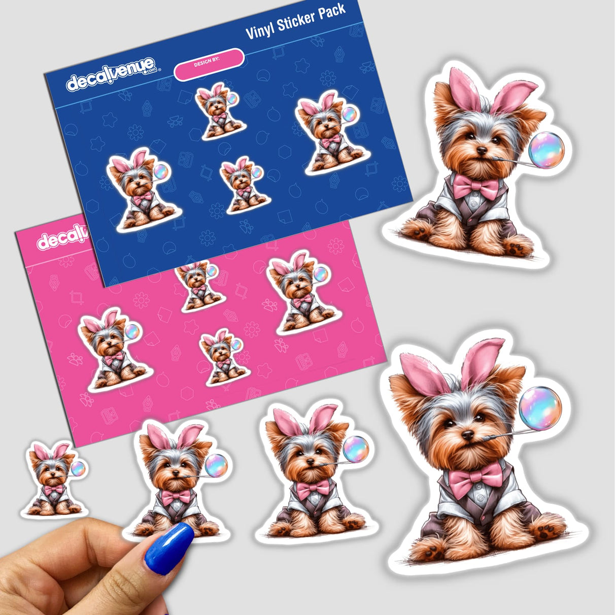 Stickers featuring Bunny Ears Yorkie Dog Holding Bubble, showcasing cartoon dog designs with pink bows and bubbles, available as stickers or digital artwork from Decal Venue.