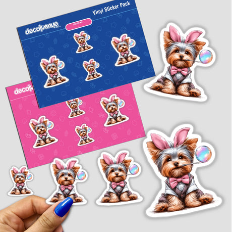 Stickers featuring Bunny Ears Yorkie Dog Holding Bubble, showcasing cartoon dog designs with pink bows and bubbles, available as stickers or digital artwork from Decal Venue.