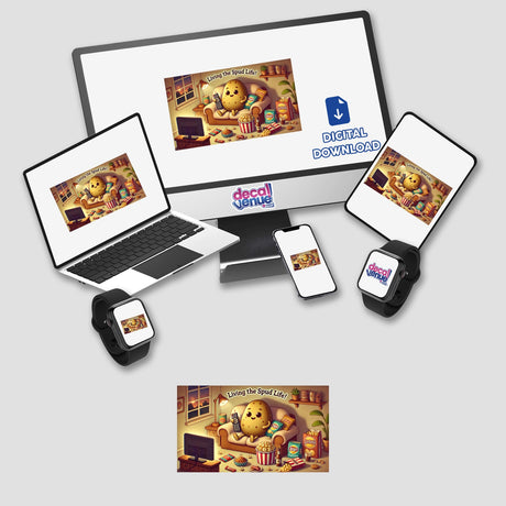 Lazy Couch Potato - Living the spud life, depicted as a cartoon potato lounging with popcorn and a remote, available as stickers or digital artwork. Seen on a laptop and phone screen.