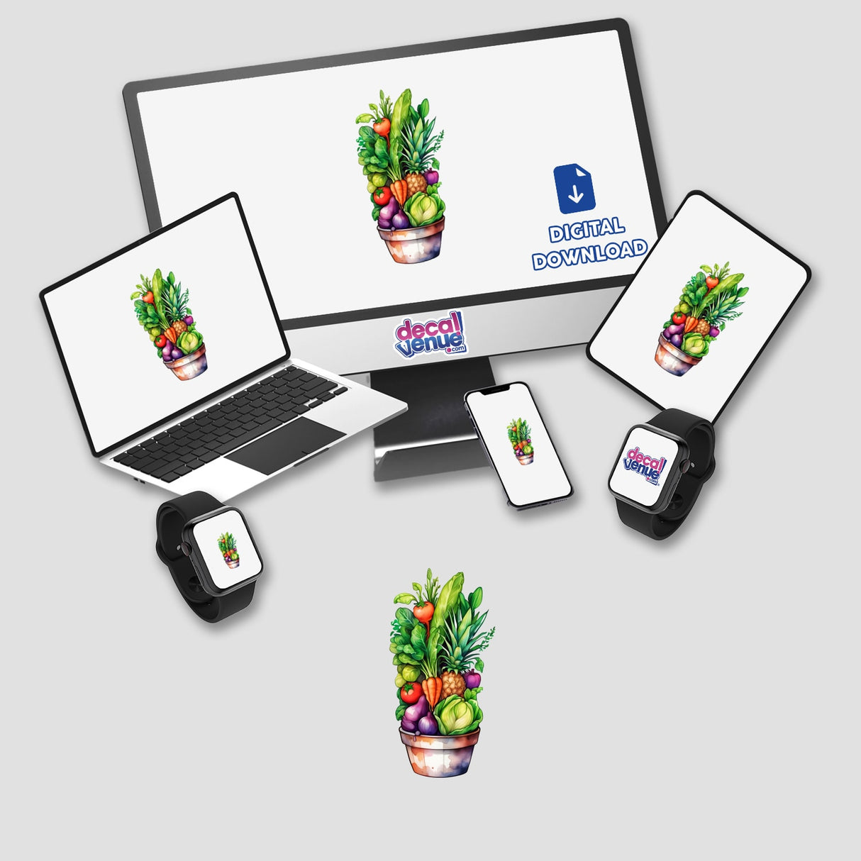 Farmers Market Vegetables Sticker | Basket of Fresh Produce Art displayed on a laptop screen, highlighting vibrant vegetable imagery. Available as stickers or digital artwork from Decal Venue.