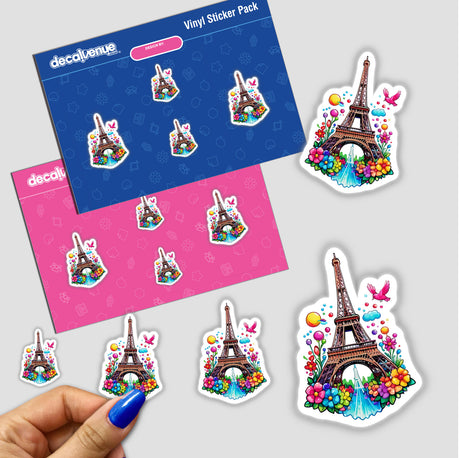 Eiffel Tower in Paris: Floral Splash Design - Sticker pack featuring a whimsical Eiffel Tower with flowers and birds. Available as stickers or digital artwork.