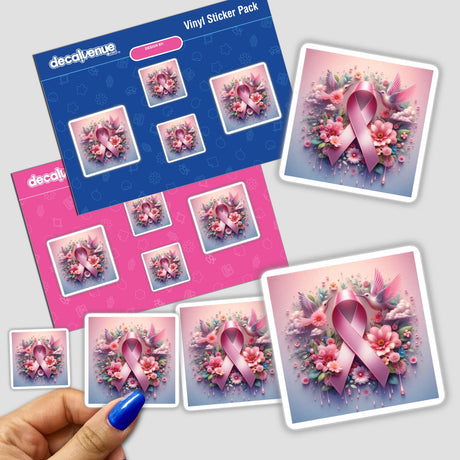 Breast Cancer Silver Series 2 stickers featuring pink ribbons and flowers intricately designed with birds on a floral background. Available as stickers or digital artwork from Decal Venue.