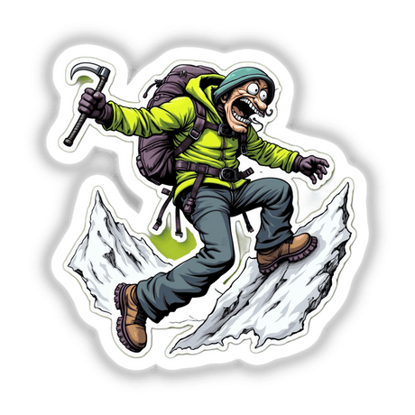 Alpinista Sedento cartoon of a man climbing a mountain, wearing a backpack, available as stickers or digital artwork from Decal Venue.