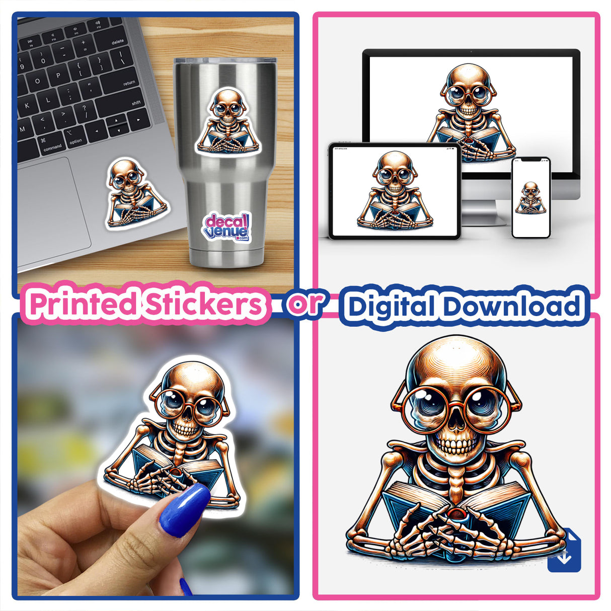 Skeleton With Reading Glasses Open Book Decal Venue