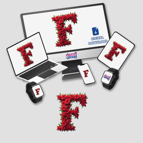 Elegant Floral Letter F Clipart - Downloadable Sticker with Commercial Rights, displayed on a computer monitor and laptop, featuring a rose design, highlighting its applications for digital and sticker formats.