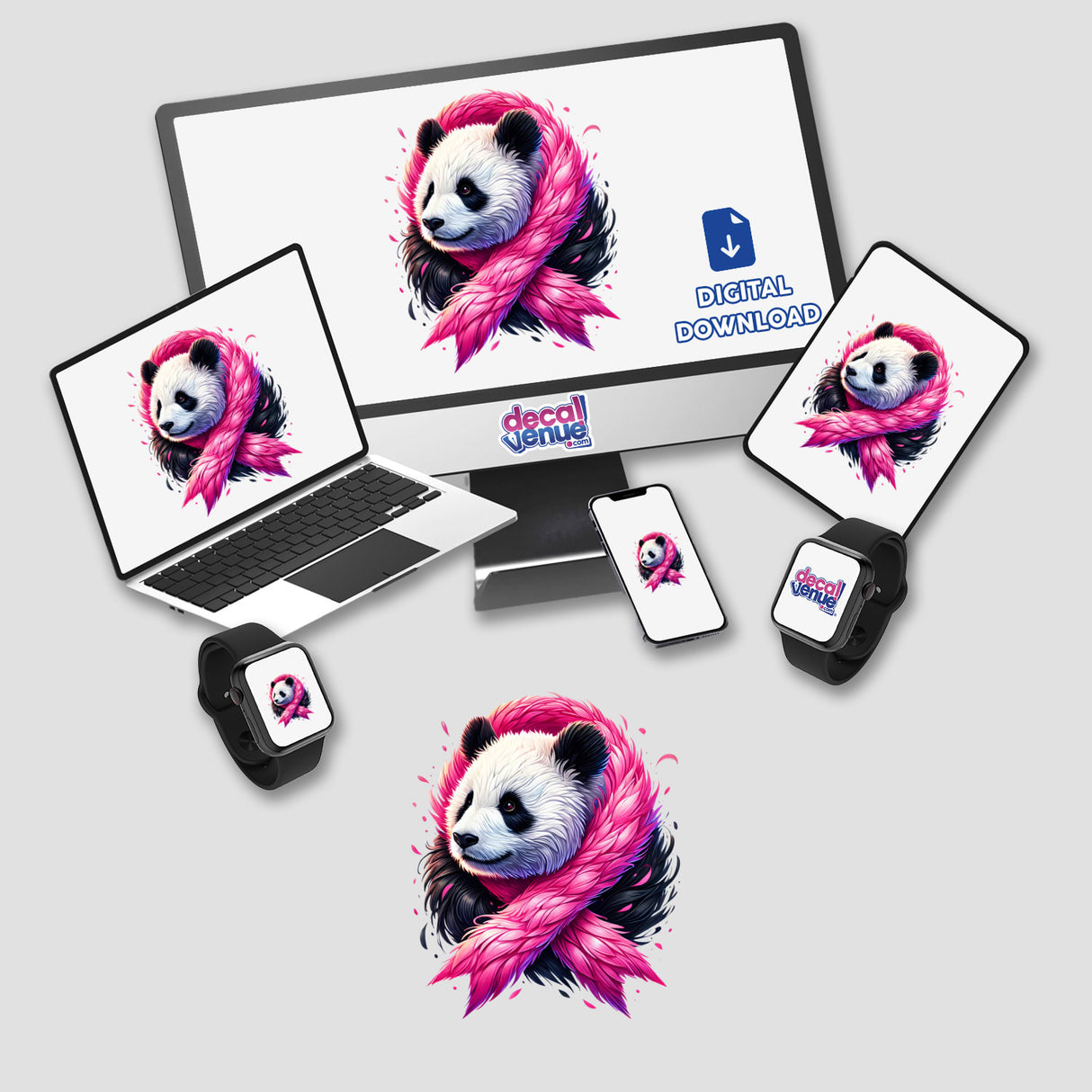 Panda Pink Ribbon Breast Cancer digital artwork featuring a panda with a pink ribbon scarf, displayed on a computer monitor and laptop. Available as stickers or digital artwork from Decal Venue.