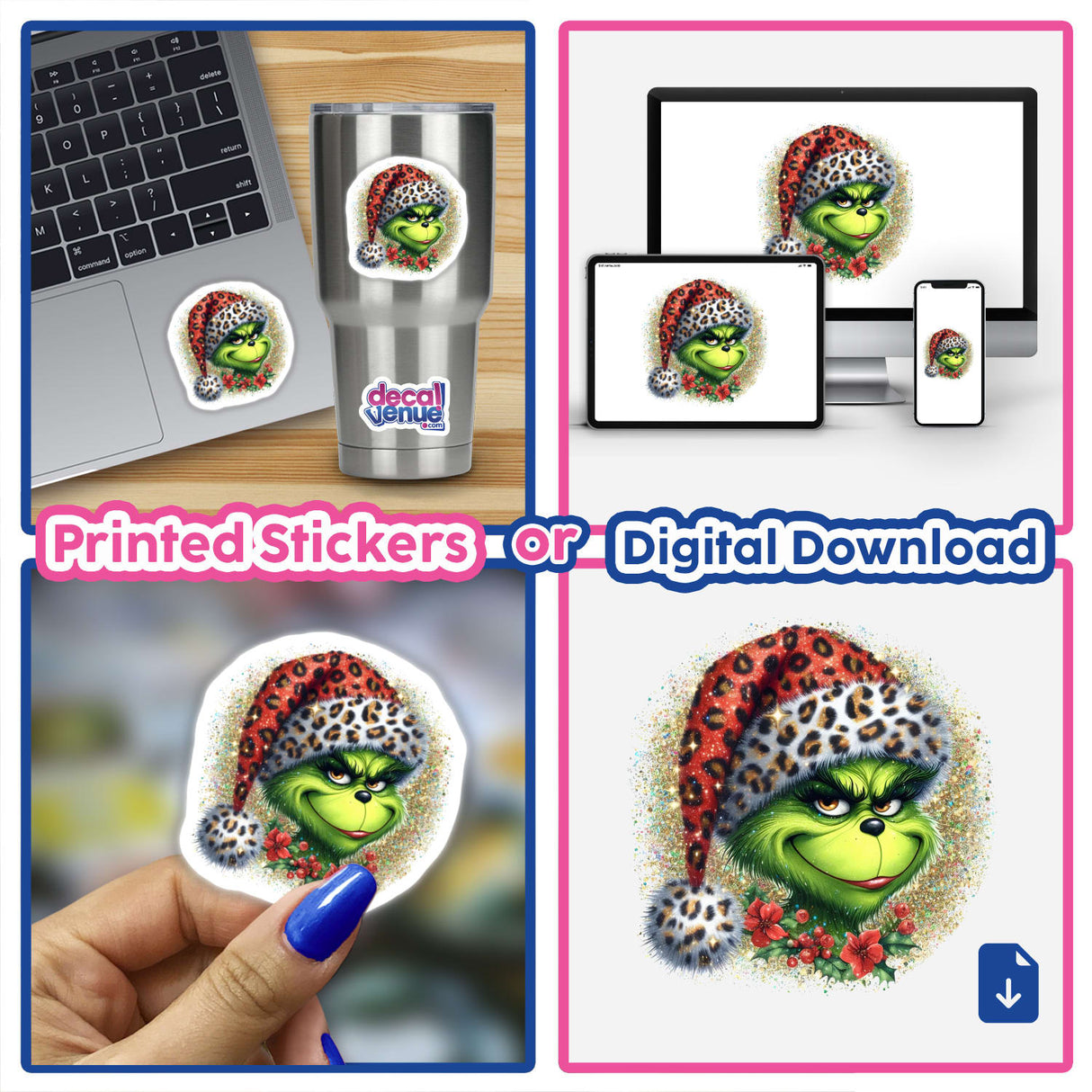 Green Grouch Glitter in Leopard Santa Hat: A digital artwork or sticker showcasing a green cartoon character in a leopard-patterned Santa hat, ideal for laptops or personalizing items.