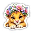 Majestic Lion Cub with a Blooming Flower Crown depicted in a cartoon style, available as stickers or digital artwork, capturing the essence of whimsical charm and playful creativity.