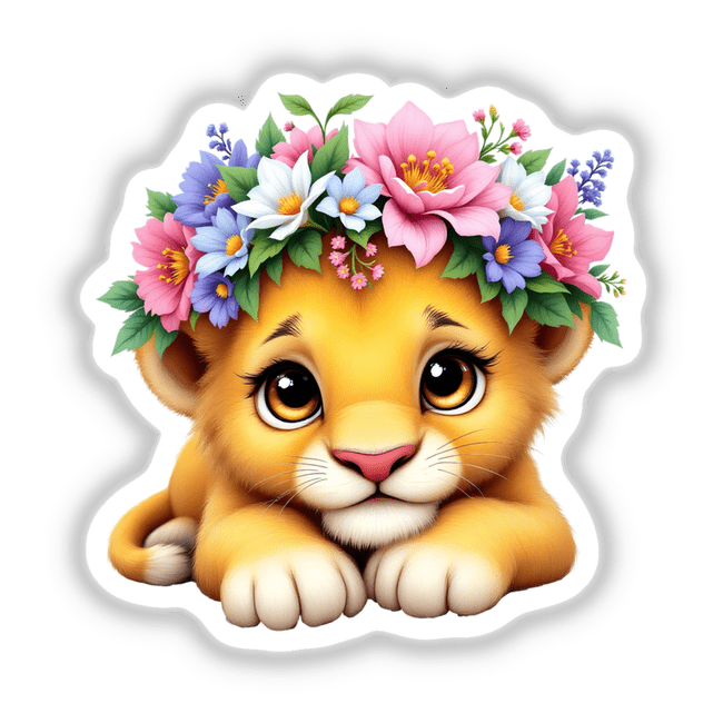 Majestic Lion Cub with a Blooming Flower Crown depicted in a cartoon style, available as stickers or digital artwork, capturing the essence of whimsical charm and playful creativity.