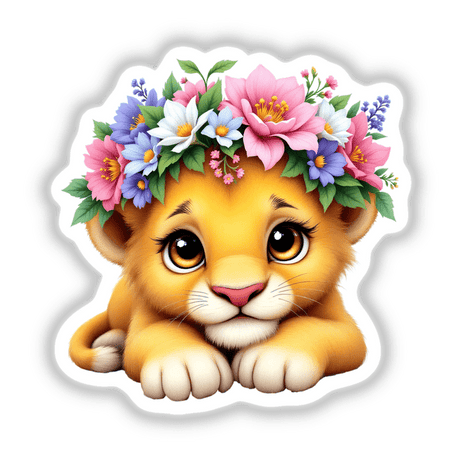 Majestic Lion Cub with a Blooming Flower Crown depicted in a cartoon style, available as stickers or digital artwork, capturing the essence of whimsical charm and playful creativity.