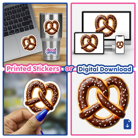 Pretzel Shaped Cookie with Brown Icing and Salt Details, shown in various poses including close-ups and held in hand, available as stickers or digital artwork from Decal Venue.