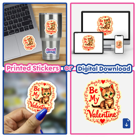 Be My Valentine Valentine's Day Kitten sticker collage featuring cute cat illustrations with playful text, perfect for laptops or as digital artwork from Decal Venue's unique collection.