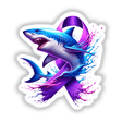 Shark Purple Ribbon design featuring a shark adorned with purple and blue artistic splashes, available as unique stickers or digital artwork from Decal Venue.