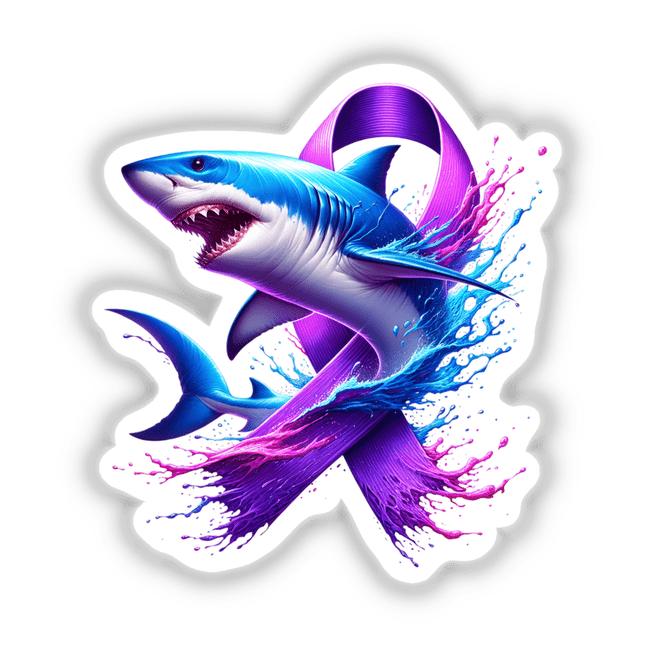 Shark Purple Ribbon design featuring a shark adorned with purple and blue artistic splashes, available as unique stickers or digital artwork from Decal Venue.