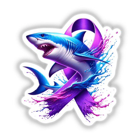 Shark Purple Ribbon design featuring a shark adorned with purple and blue artistic splashes, available as unique stickers or digital artwork from Decal Venue.