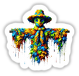 Trippy Scarecrow with Melting Colors – Vibrant Abstract Design: A psychedelic scarecrow with paint splatters, available as stickers or digital artwork, showcasing unique creativity from Decal Venue.