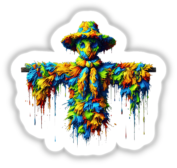 Trippy Scarecrow with Melting Colors – Vibrant Abstract Design: A psychedelic scarecrow with paint splatters, available as stickers or digital artwork, showcasing unique creativity from Decal Venue.