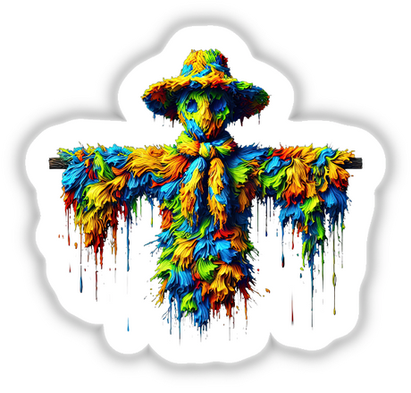 Trippy Scarecrow with Melting Colors – Vibrant Abstract Design: A psychedelic scarecrow with paint splatters, available as stickers or digital artwork, showcasing unique creativity from Decal Venue.