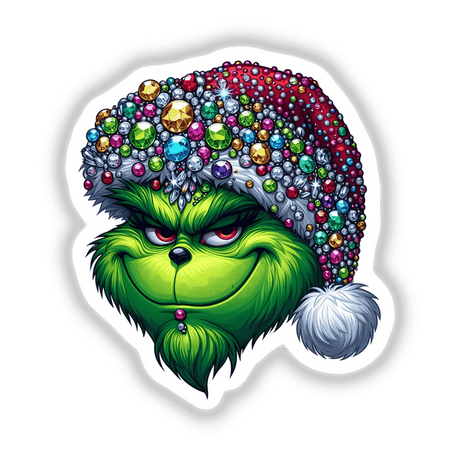 Cartoon Bling Green Grouch Christmas Santa II wearing a gem-adorned hat, available as stickers or digital artwork from Decal Venue.